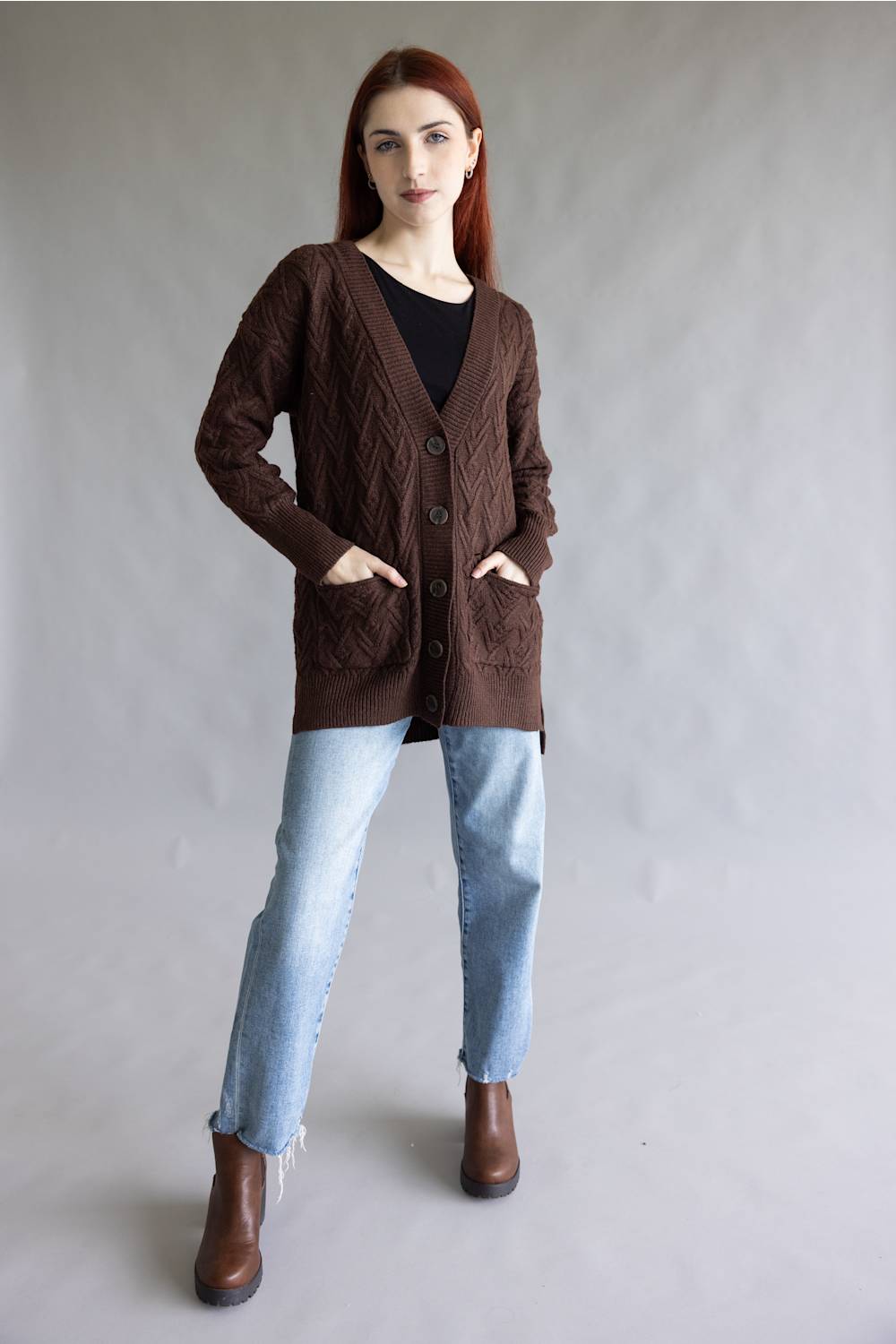 Cable Knit Button Front Cardigan for Women in Cocoa