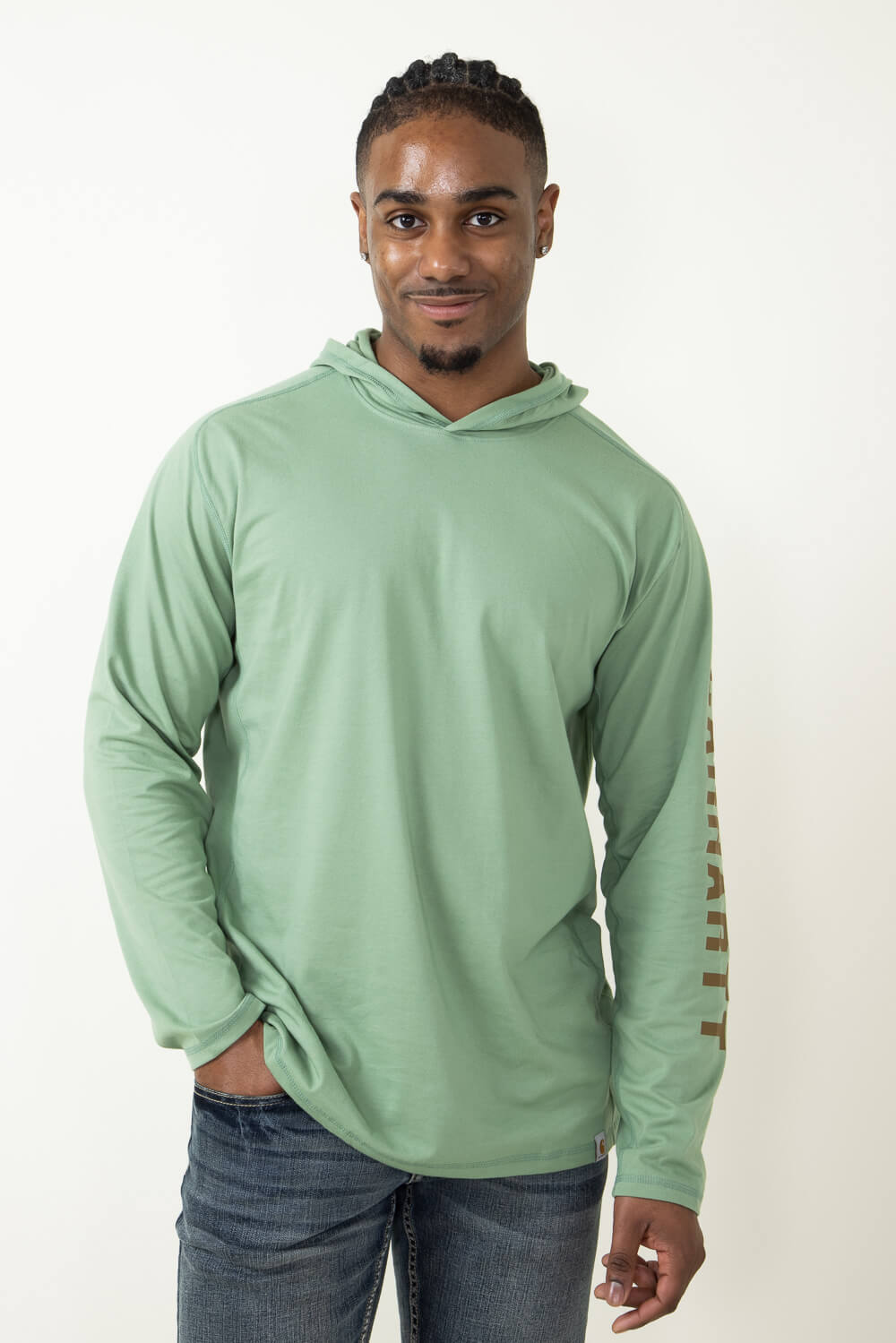 Carhartt Force Relaxed Fit Midweight Long Sleeve Logo Hooded T-Shirt for  Men in Green
