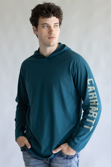 Carhartt Force Relaxed Fit Midweight Long Sleeve Logo Hooded T-Shirt for Men in Greenstone | 106654-GM1
