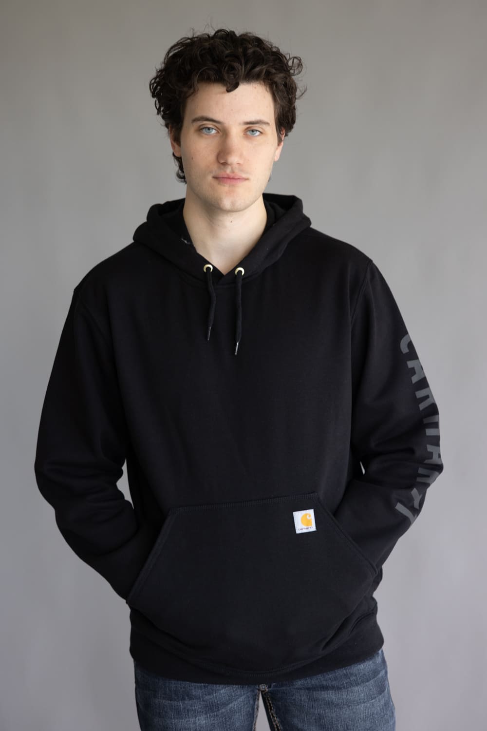 Carhartt Rain Defender Midweight Logo Sleeve Hoodie for Men in Black