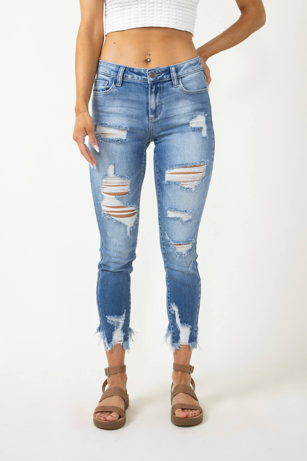 Cello Distressed Cropped Fray Bottom Skinny Jeans for Women