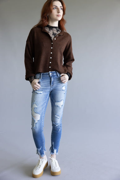 Cello Distressed Fray Ankle Cropped Skinny Jeans for Women