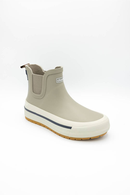 Chooka Women's Marina Chelsea Ankle Rain Boots in Taupe featuring elastic side gore panels, back pull tab, and cream lug sole.