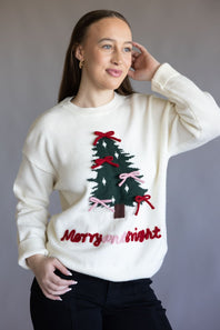 Christmas Tree Bow Sweater for Women in Cream