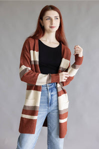Color Block Striped Cardigan for Women in Wine