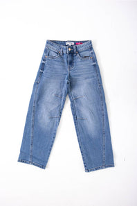 Light blue denim jeans with a BARREL-leg fit, laid flat on a white background.