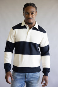 Denim & Flower Polo Fleece Stripe Pullover for Men in Cream/Navy