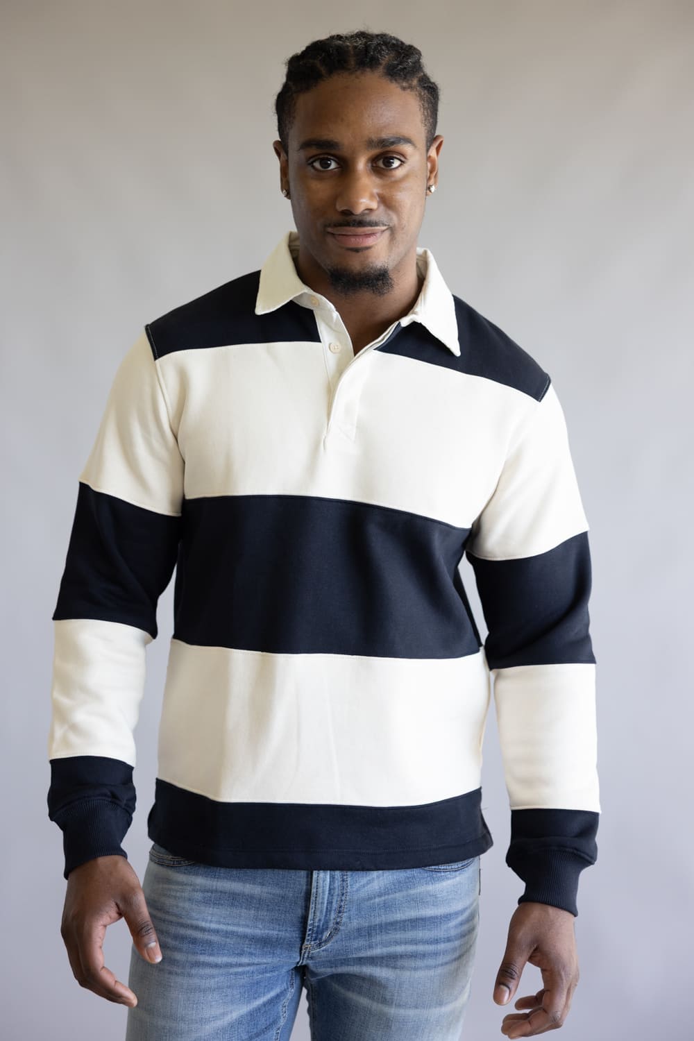 Denim & Flower Polo Fleece Stripe Pullover for Men in Cream/Navy
