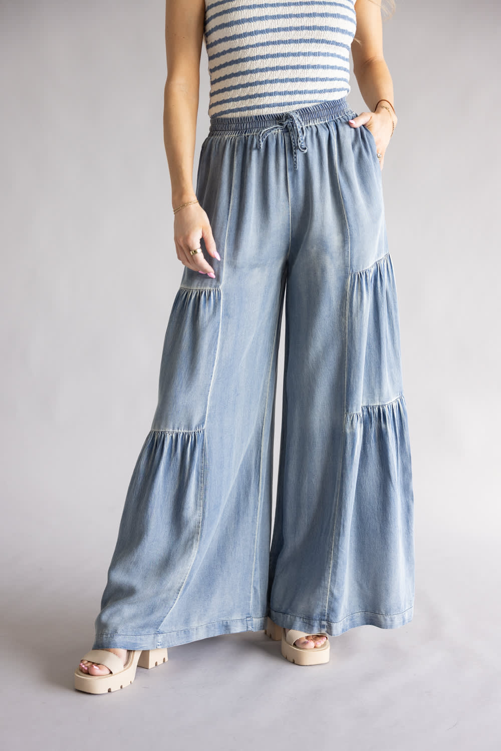 Side Ruffle Washed Wide Leg Pants for Women in Denim
