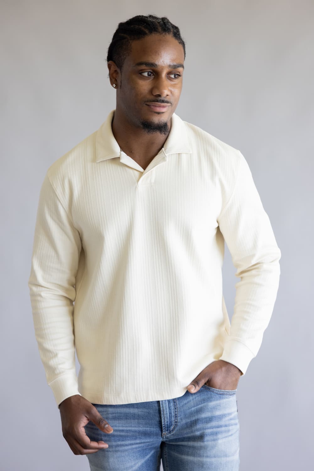 Denim & Flower Long Sleeve Polo Shirt for Men in Cream
