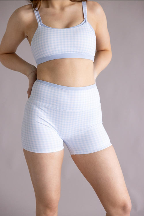 Double Layer Gingham Biker Shorts for Women in Light Blue