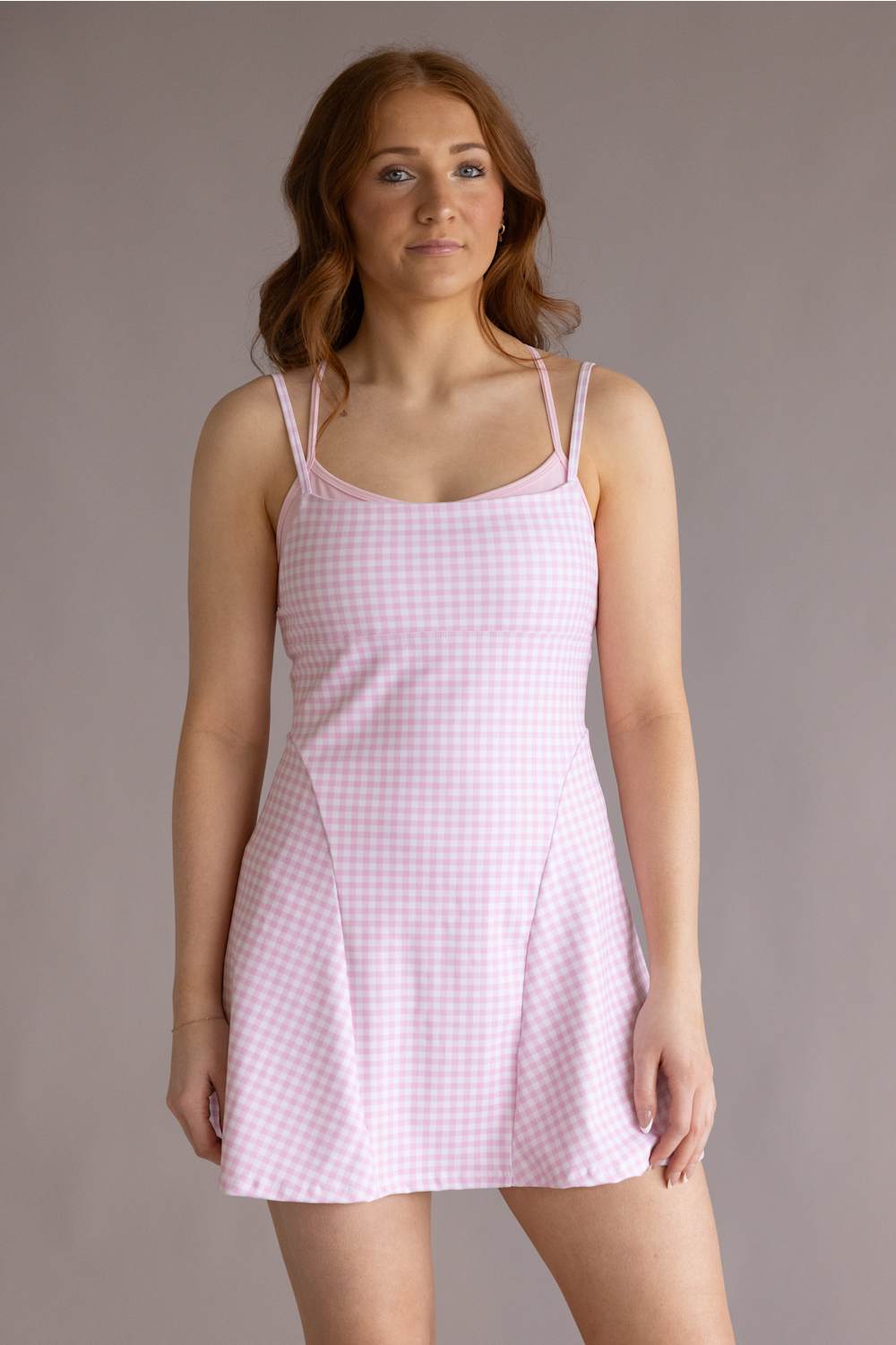 Double Layer Gingham Tennis Dress for Women in Light Pink