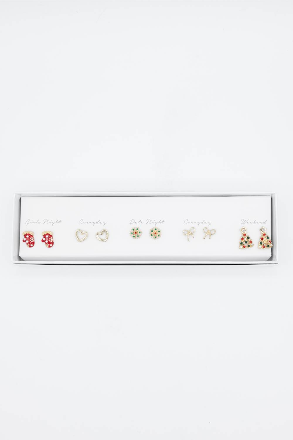 A 5-piece set of colorful stud earrings displayed on a white card inside a silver rectangular box, photographed against a clean white background.