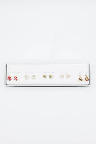 A 5-piece set of colorful stud earrings displayed on a white card inside a silver rectangular box, photographed against a clean white background.