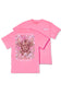 A pink short-sleeve t-shirt shown from both the front and back. The back features a large graphic print of a Highland cow surrounded by pink and white flowers, with the text 'BLOOM WITH A KIND HEART' and 'simply southern' below.