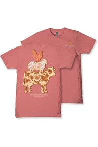 A dusty rose short-sleeve t-shirt with a graphic of a cow, rooster, and sheep on the front, layered over a second view of the same shirt showing a small chest logo.