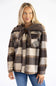 A woman wearing a brown and beige plaid hooded jacket with a tie-neck detail, paired with blue jeans, against a plain white background.