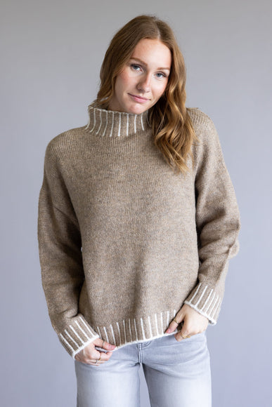 Elan Blanket Stitch Mock Neck Sweater for Women in Tan