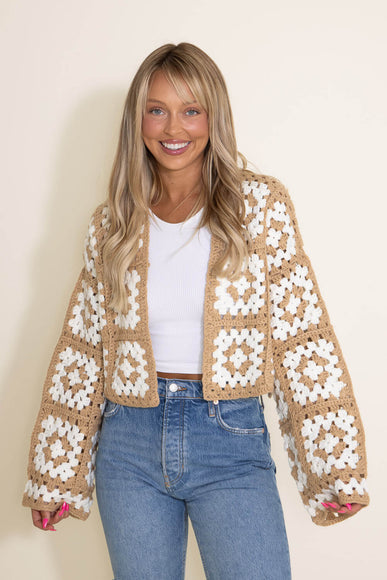Granny Square Crochet Cropped Cardigan for Women in  Beige/White