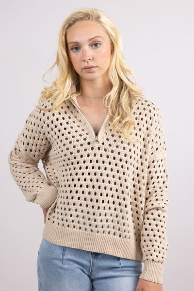 knit foodie♩ Elan Open Knit Front ½ Zip Sweater for Women in Oatmeal