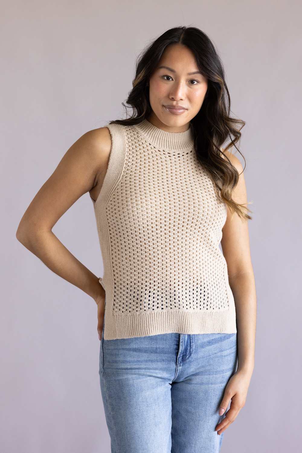 Elan Open Knit Sweater Tank for Women in Sand