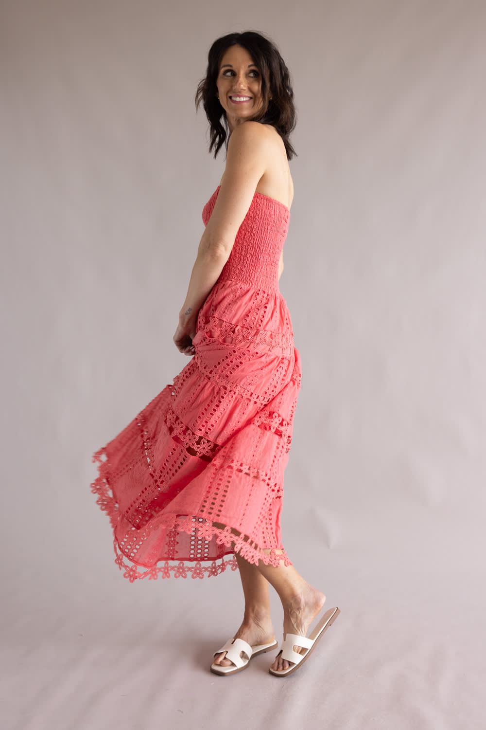Eyelet Lace Strapless Midi Dress for Women in Coral