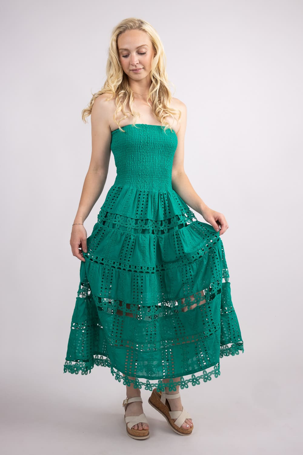 Eyelet Lace Strapless Midi Dress for Women in Emerald