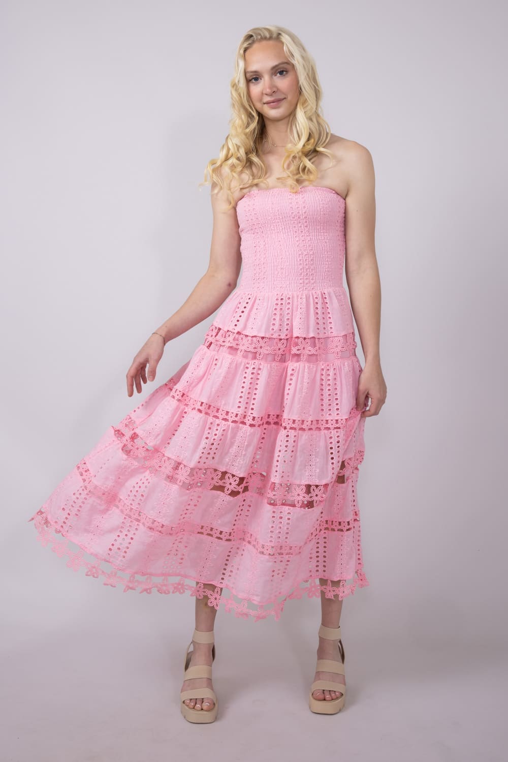 Eyelet Lace Strapless Midi Dress for Women in Pink