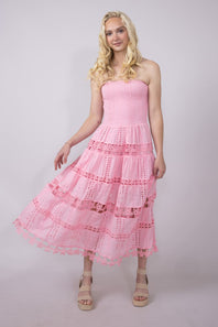 Eyelet Lace Strapless Midi Dress for Women in Pink