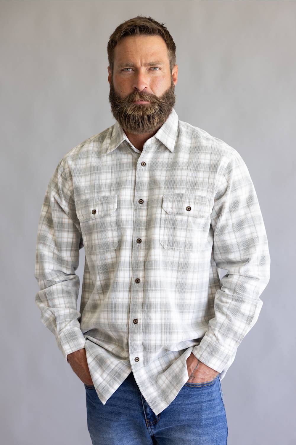 1897 Legends Corduroy Reverse Plaid Flannel Shirt for Men in Ecru Olive | F13004-ECRUOLIVE