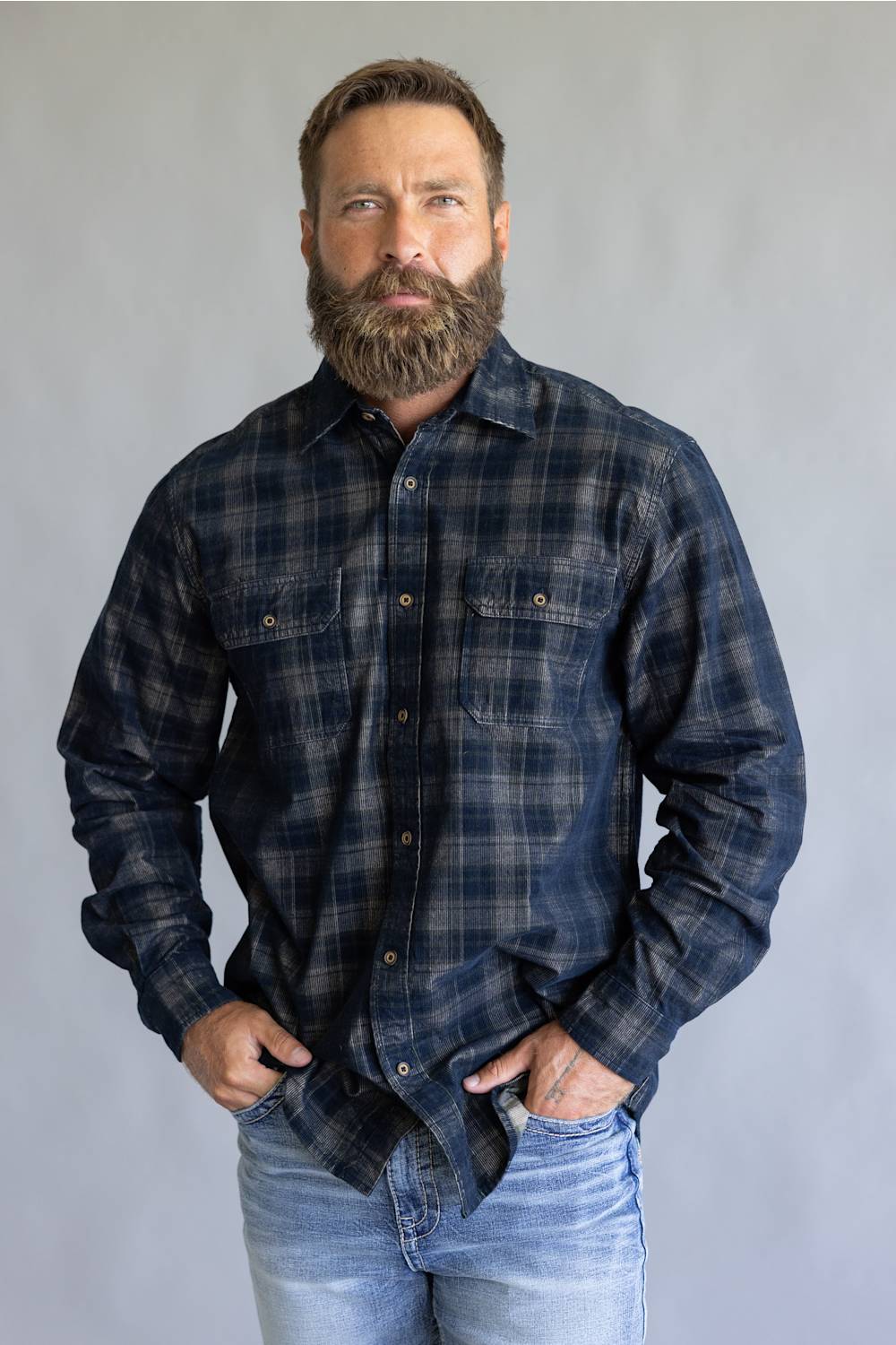 1897 Legends Corduroy Reverse Plaid Flannel Shirt for Men in Navy Olive | F13006-NAVYOLIVE