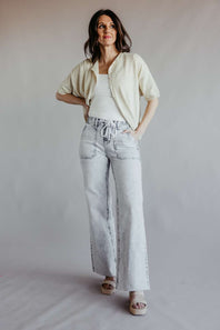Flying Monkey High-Rise Drawstring Wide Leg Jeans for Women in Light Grey