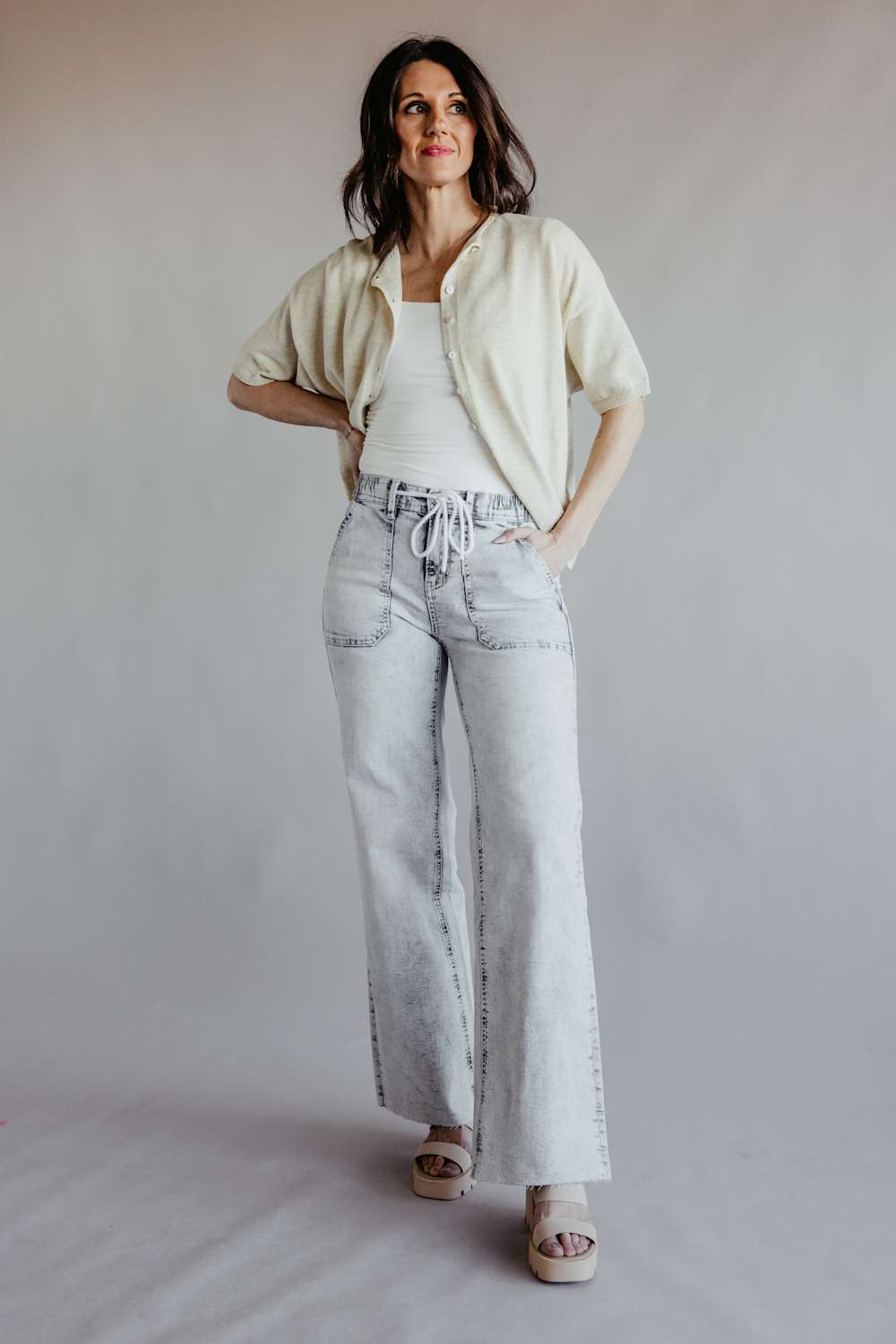 Flying Monkey High-Rise Drawstring Wide Leg Jeans for Women in Light Grey