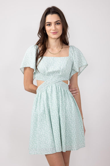 Cutout Short Sleeve Dress for Women in Sage Floral