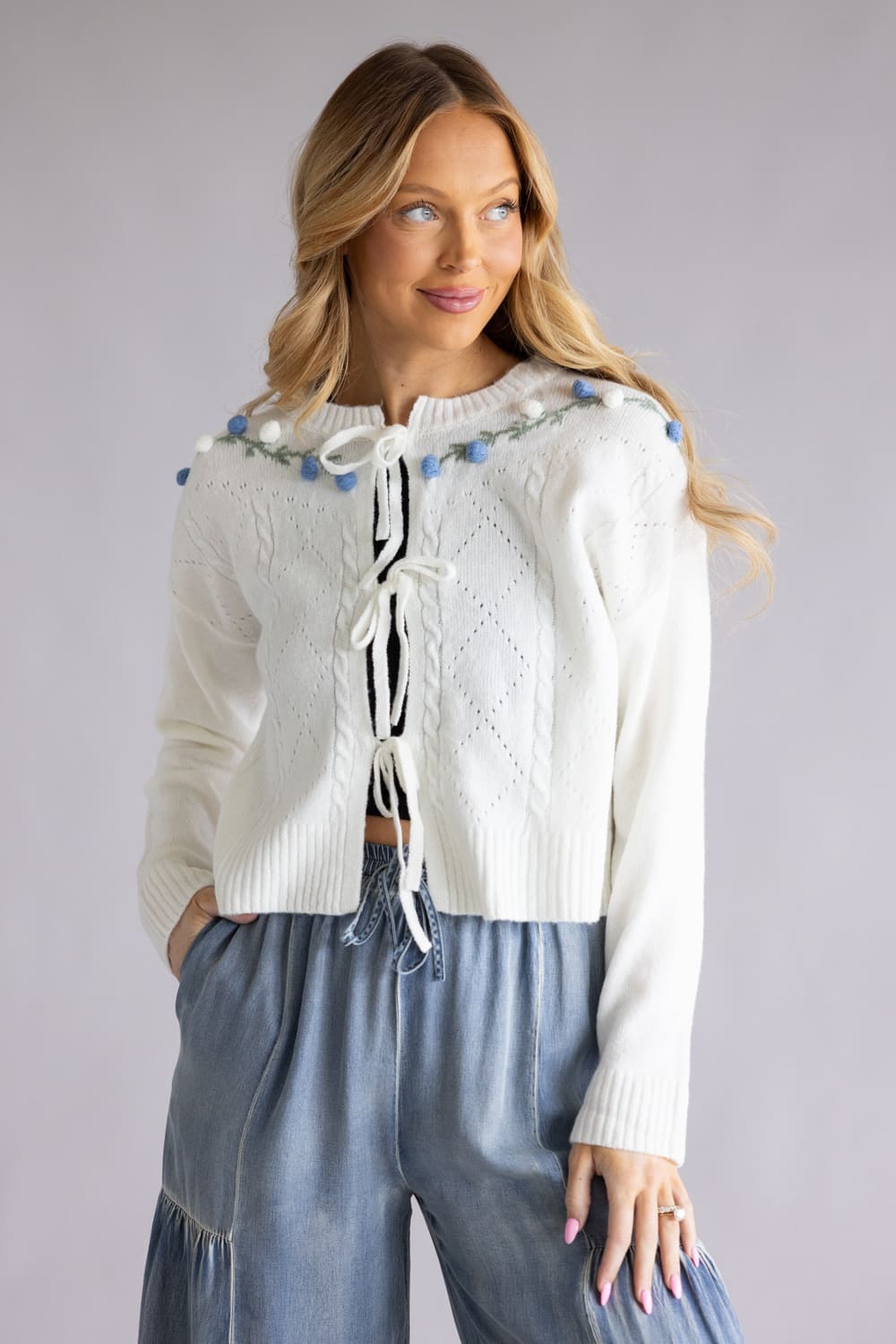 Simply Southern Floral Tie Front Cardigan for Women in Cream