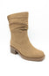 A tan suede ankle boot with a slouchy shaft and a low block heel, shown from a three-quarter angle on a white background.