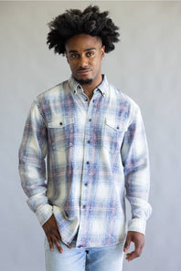 FX Fusion Washed Plaid Flannel Shirt for Men in Ecru/Indigo