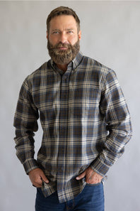 Brown and blue button down flannel shirt with long sleeves