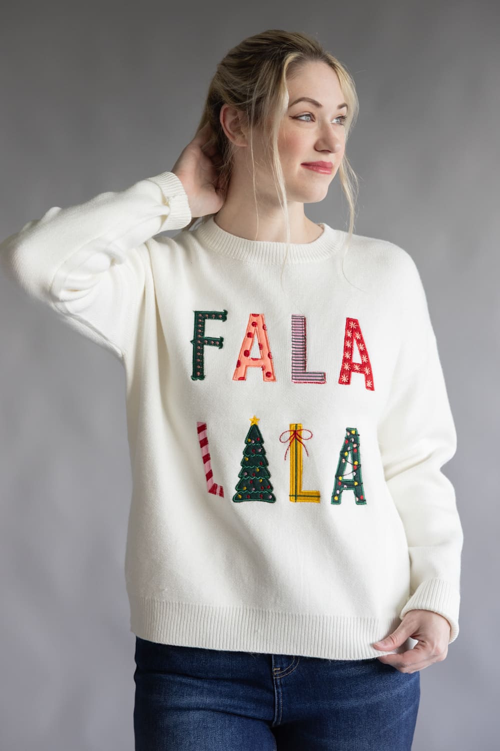 Fa La La Embroidered Sweater for Women in White