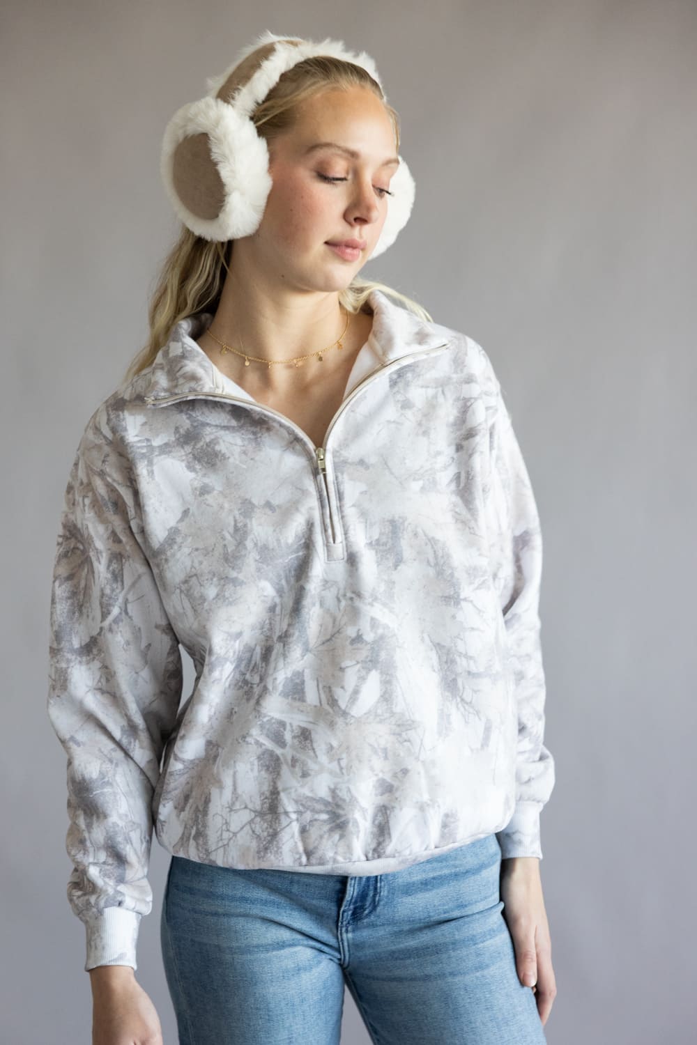 Fleece Half Zip Sweatshirt for Women in Cream Camo