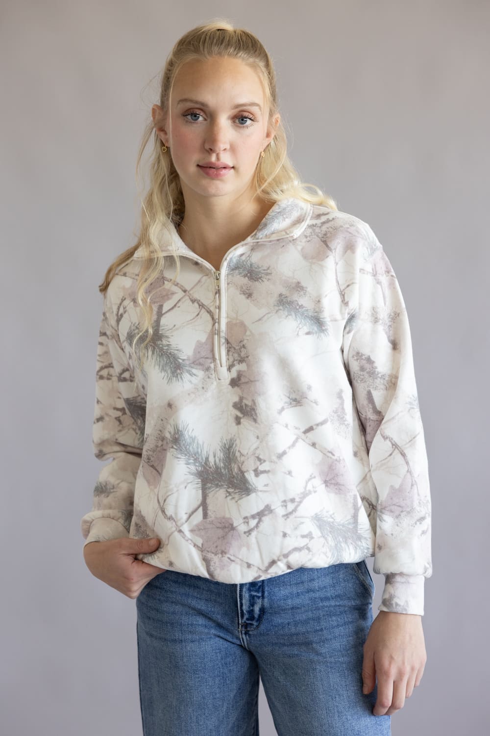 Fleece Half Zip Sweatshirt for Women in Pink Camo