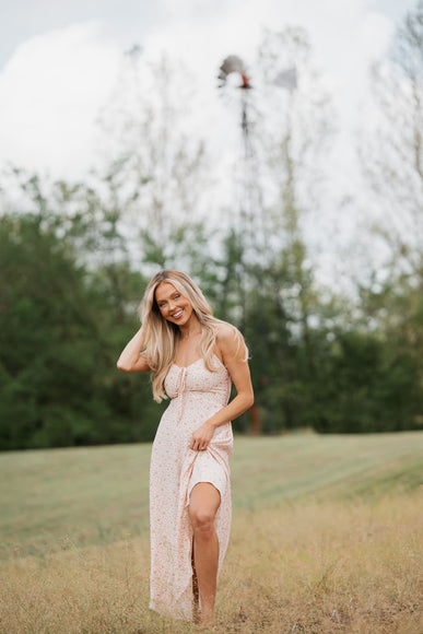 Floral Print Ruched Midi Dress for Women in Rose