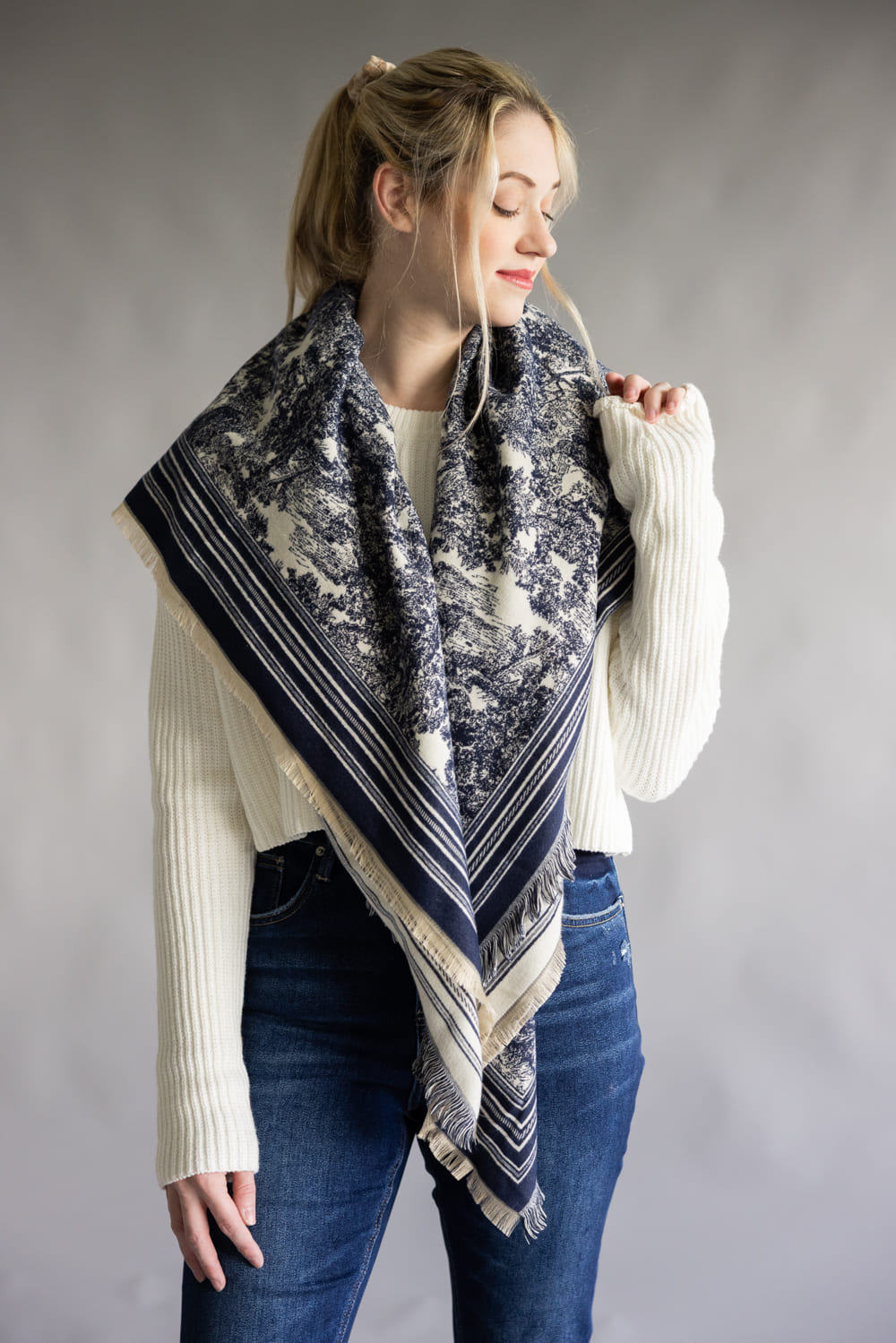 Floral Print Silk Scarf for Women in Navy