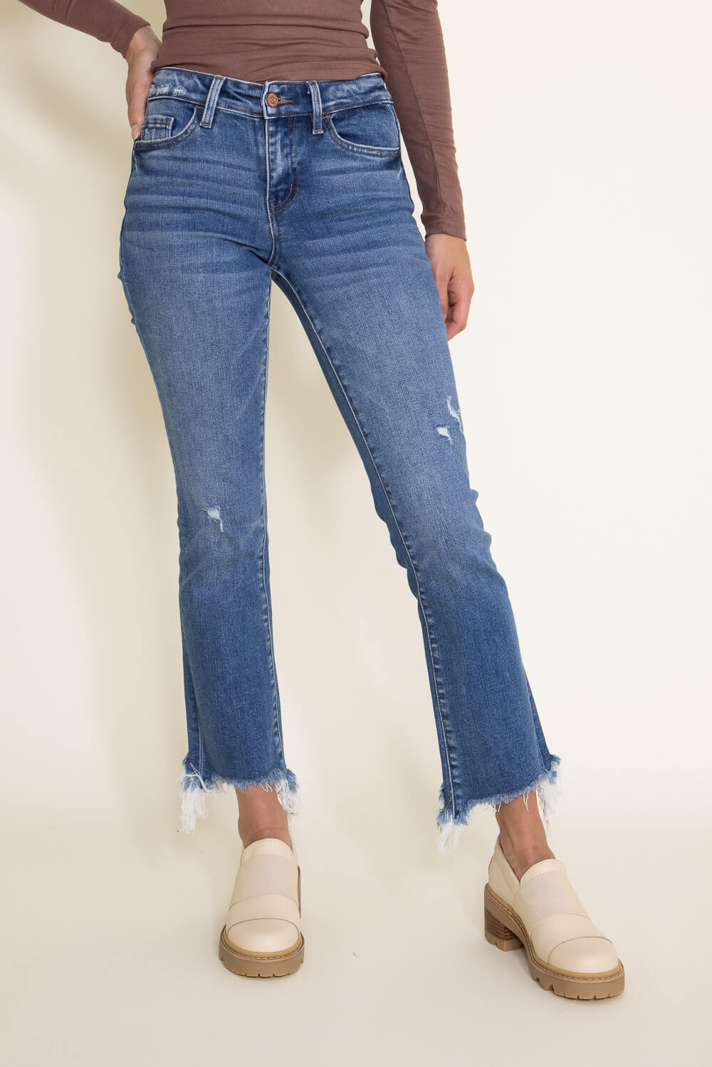 Flying Monkey Mid-Rise Destructed Hem Crop Bootcut Jeans for Women