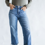 Flying Monkey Mid-Rise Raw Cuffed Hem Slim Wide Leg Jeans for Women