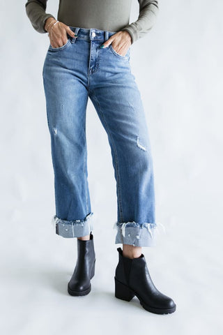 Flying Monkey Mid-Rise Raw Cuffed Hem Slim Wide Leg Jeans for Women