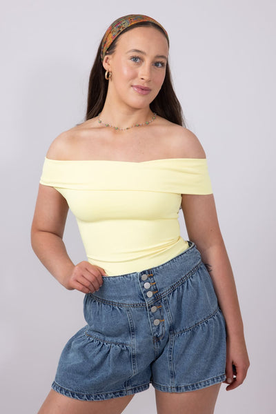 Fold Over Off The Shoulder Top for Women in Lemon | T8838-LEMON