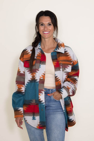 Polar Fleece Shacket for Women in Red Aztec