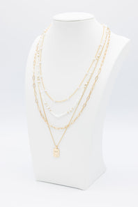 Four Layer Pearl Charm Necklace Set in Gold