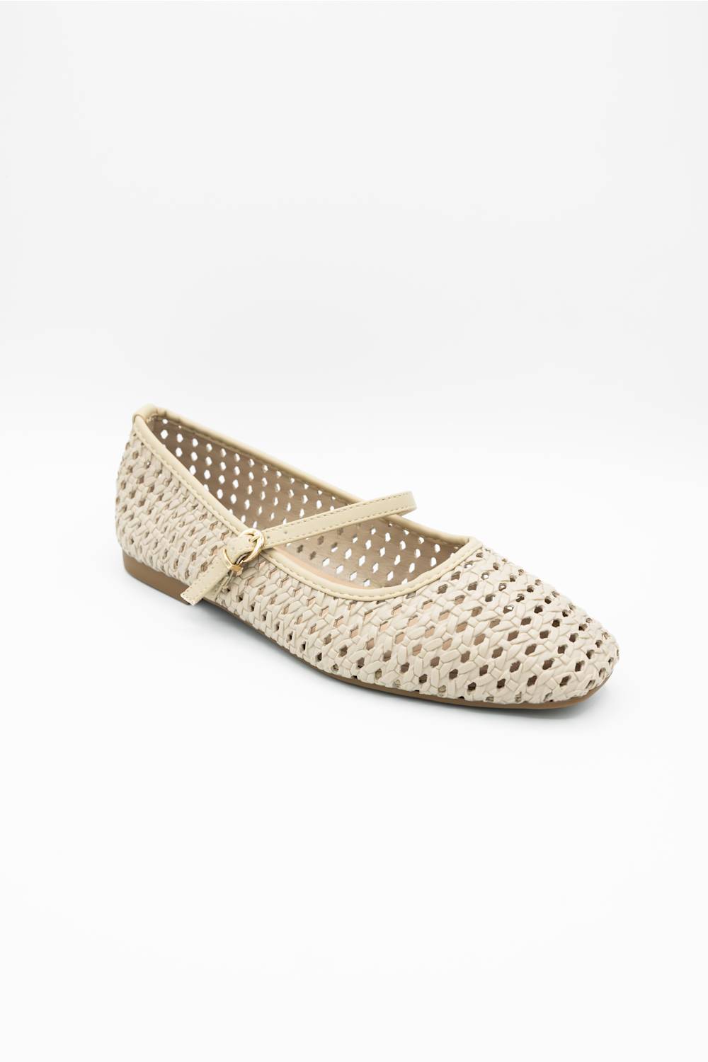 A single women's ballet flat shoe in a light beige woven or perforated material, featuring a small matching bow on the instep and a low block heel, shown against a plain white background.